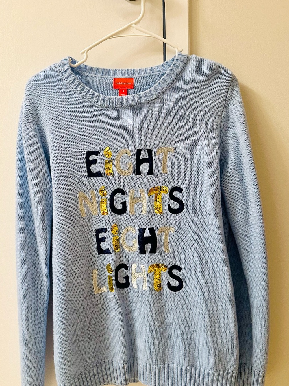 Hobby Lane Light Blue Sequin Lettering Crewneck Sweater